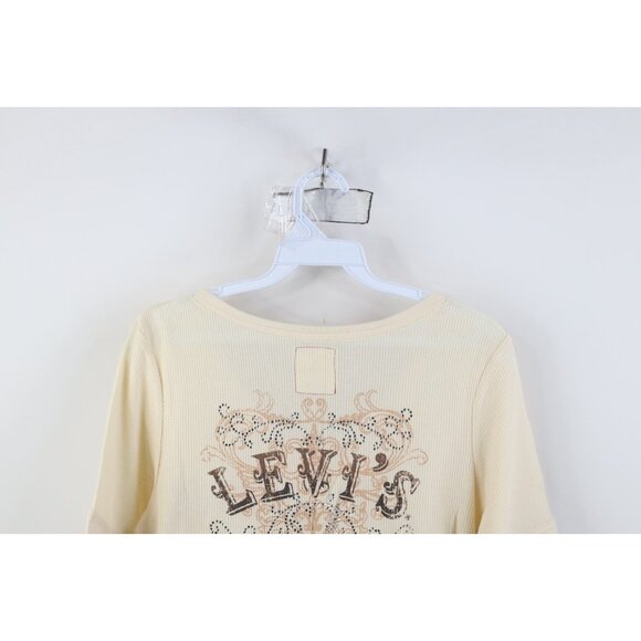 Vtg Y2K Levis Woemns Large Babydoll Cropped Thermal Waffle Knit Henley T-Shirt - Picture 13 of 14